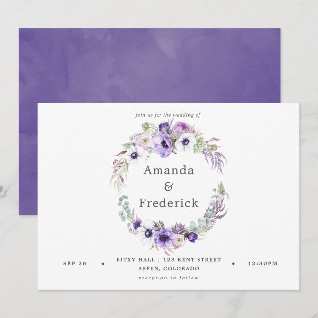 Dammtorviol Wedding Watercolor Blommig Inbjudan (Fram/baksida)