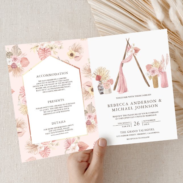 Dammtrosa blommande boho strand arbor QR-kod bröll Inbjudan (Skapare uppladdad)