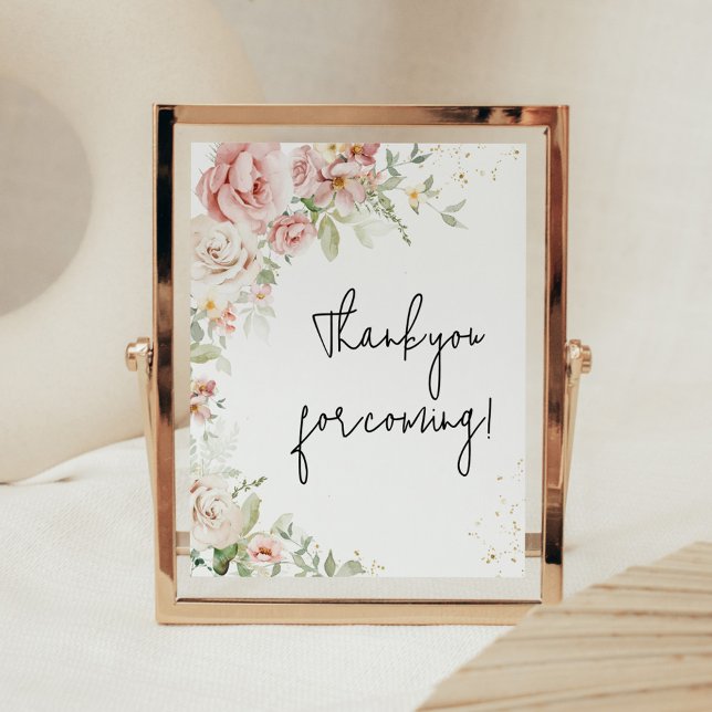 Dammtrosa Blommig Bebis Shower Tack för att du kom Poster (Dusty Pink Floral Greenery Baby Shower Thank you for Coming Sign)