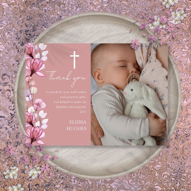 Dammtrosa Blommig Foto Dop Tackkort Tack Kort (Dusty Rose Pink Floral Photo Baptism Christening Thank You Card)