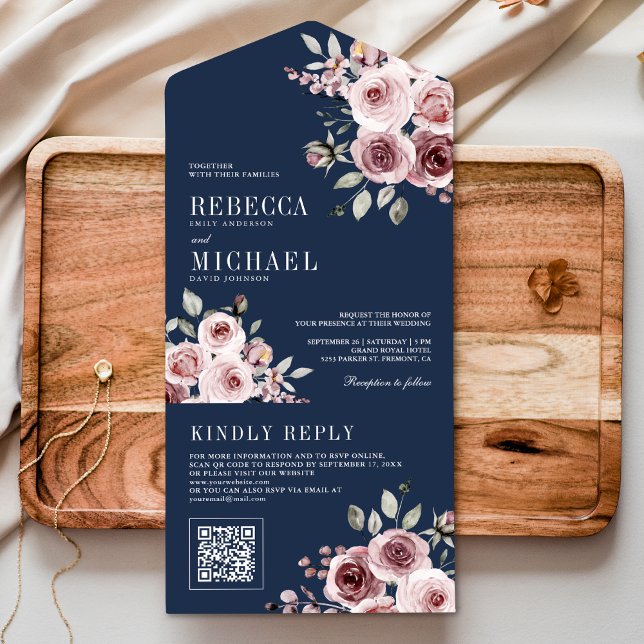 Dammtrosa Blommig Marinblå QR-kod Bröllop (Skapare uppladdad)