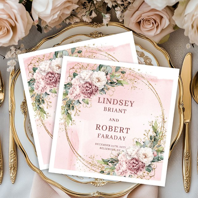 Dammtrosa blommor Guldglitter Eukalyptus Bröllop Pappersservett (Dusty Pink Flowers Gold Glitter Eucalyptus Wedding Napkins)