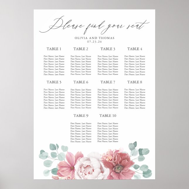 Dammtrosa blomsterbröllop placeringskarta poster (Framsidan)