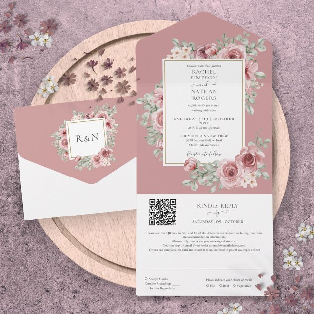 Dammtrosa blomsterguld geometrisk QR-kod bröllop (Dusty Rose Floral Gold Geometric QR Code Wedding All In One Invitation)