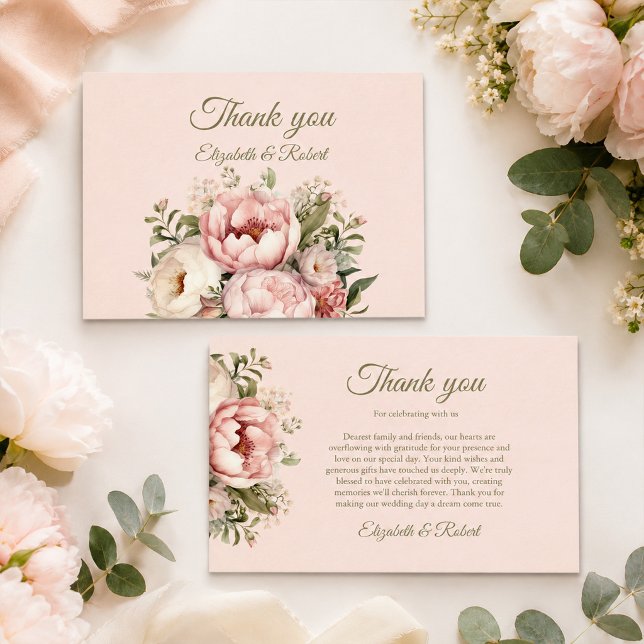 Dammtrosa Bröllops Tacksamhetskort med Pion Tack Kort (Dusty Blush Peony Wedding Thank You Card)