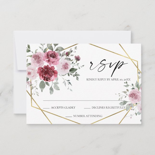 Dammtrosa Burgunderröd Guld Blommig Bröllops-RSVP- OSA Kort (Framsida)