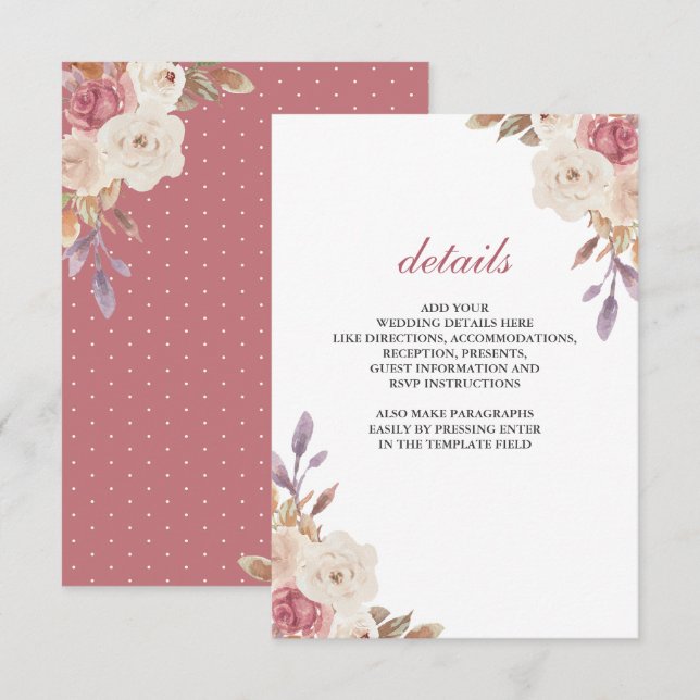 Dammtrosa Elfenbensvita Blommiga Bröllopsdetaljer Tilläggskort (Fram/baksida)