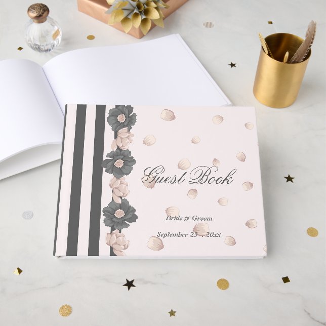 dammtrosa grå blommor & söta kronblad gästböcker (Framsida Öppen)