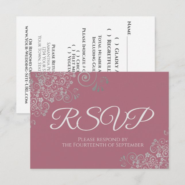 Dammtrosa Lila Rosa Elegant Silver Spets Bröllop OSA Kort (Fram/baksida)