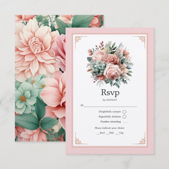 Dammtrosa, Mintgrön och Rosafärgad Blommig Bröllop OSA Kort (Fram/baksida)