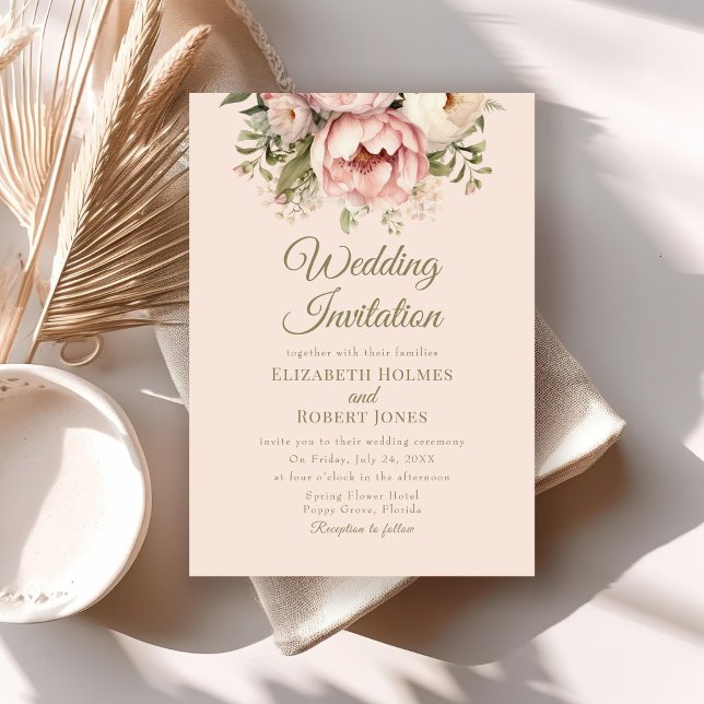 Dammtrosa Peony Bröllopsinbjudan Inbjudningar (Soft Peach and Blush Floral Wedding Invitation on a neutral boho wedding invitation.)