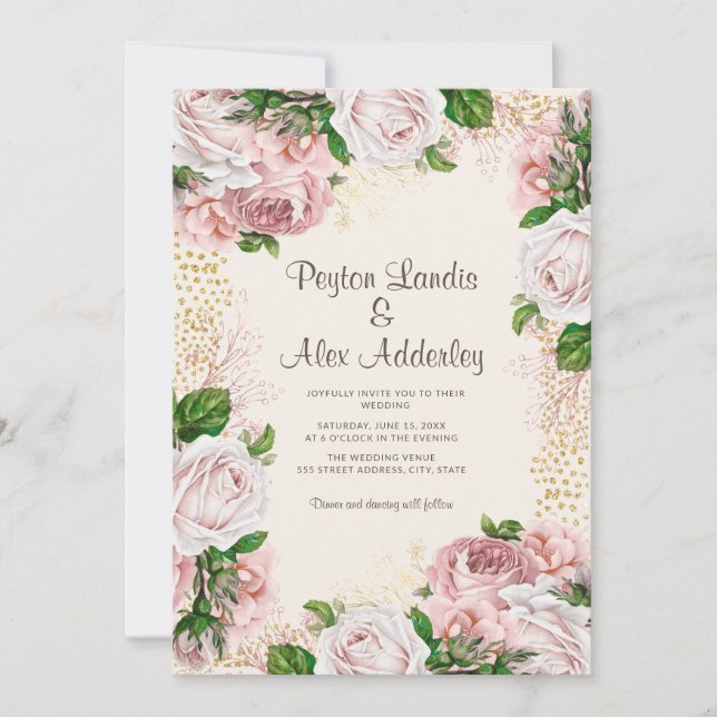 Dammtrosa Rodnad Rosa Blommig Guldglitter Bröllop Inbjudningar (Framsida)