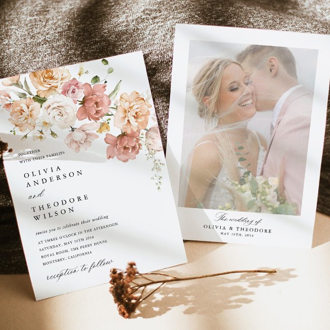 Dammtrosa Ros Blommig Bröllopsfotobakgrund Inbjudningar (Dusty Pink Rose Floral Photo Wedding Invitation, elegant floral garden wedding stationery)