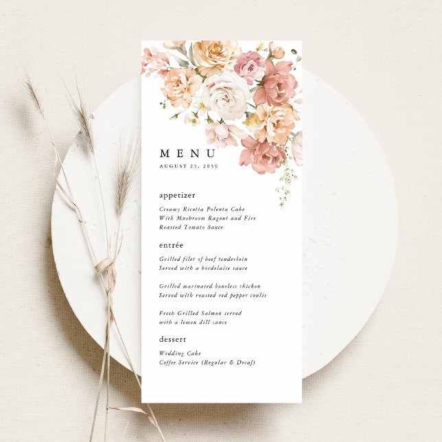 Dammtrosa Ros Blommig Bröllopsmottagning Middag Meny (Dusty Pink Rose Floral Wedding Menu, elegant garden blush floral wedding reception menu card)