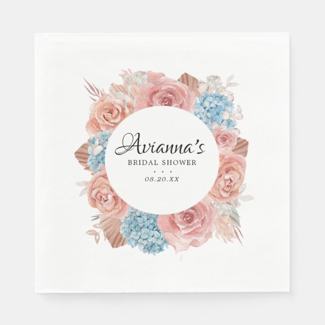 Dammtrosa Rosa Blå Blommiga Bröllopsdusch Servette Pappersservett (Framsidan)