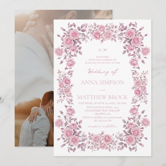 Dammtrosa rosor Elegant blomsterbröllop  Inbjudningar (Fram/baksida)