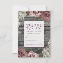 Dammtrosa rosor grått rustikt trä spets bröllop OSA kort