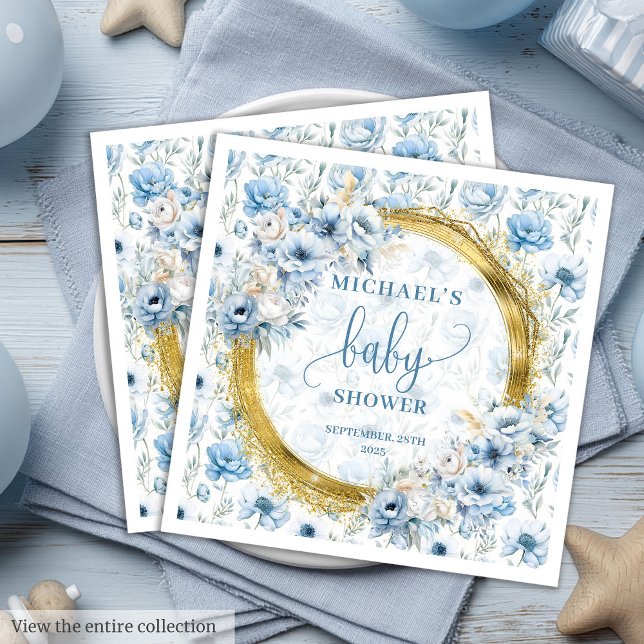 Dammusslor i blåa blommor guld pappersservett (Dainty dusty blue flowers gold baby shower napkins)