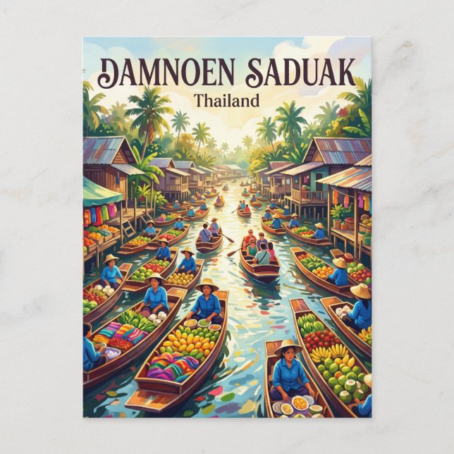Damnoen Saduak Flytande Marknad Thailand Vykort (Framsida)
