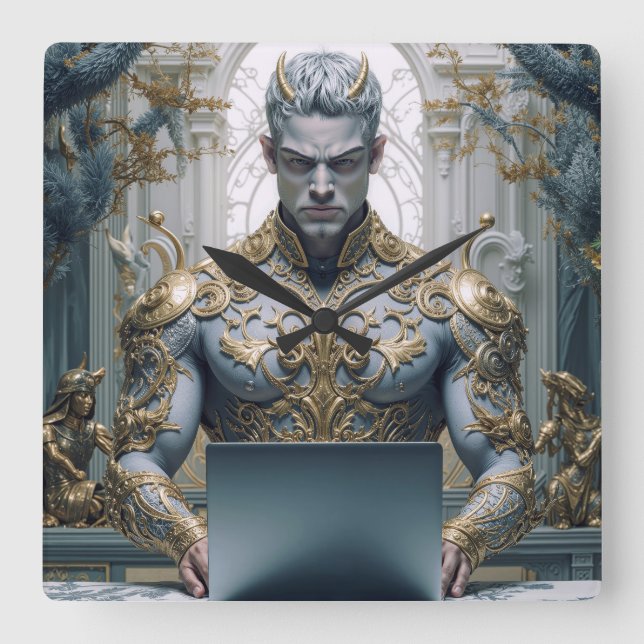 Dämonischer Krieger am Laptop Fantasy Fyrkantig Klocka (Framsida)