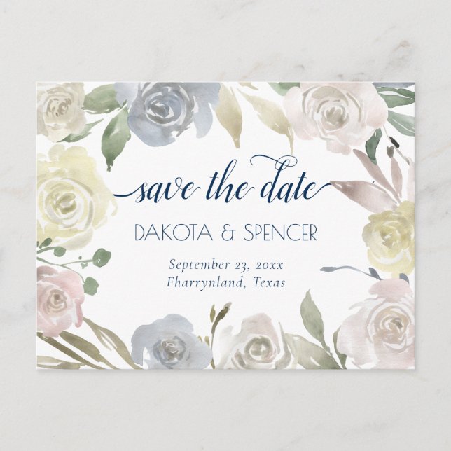 Dämpad blomsterkrans | Blå Rosa Gul Bröllop Meddelande Vykort (Framsida)