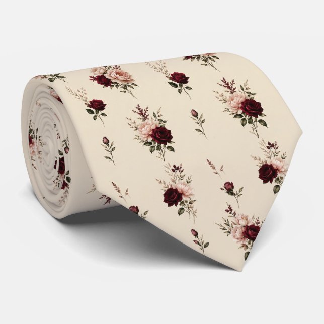 Dämpad Burgunder och Rosenskära Blommig Slips (Rullad)