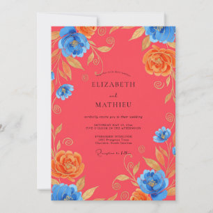 Dämpad Coral Azure Peony Bröllop Inbjudningar