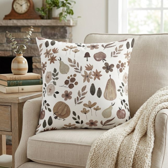 Dämpad höstskörd Pumpa och lövverk Kudde (Muted Autumn Harvest Pumpkins and Foliage Throw Pillow)