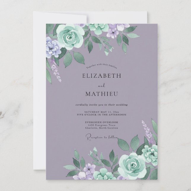 Dämpad Mauve Mint Peony Bröllop Inbjudningar (Framsida)