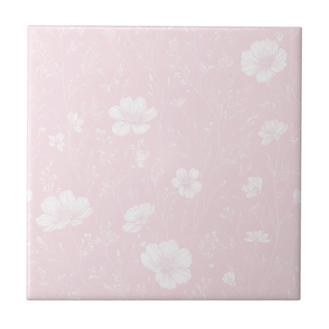 Dämpad mjuk rosa och vit vildblommamönster kakelplatta (Framsidan)