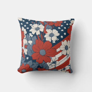 Dämpad Pastell Amerikansk Flagga och Blommor Kudde