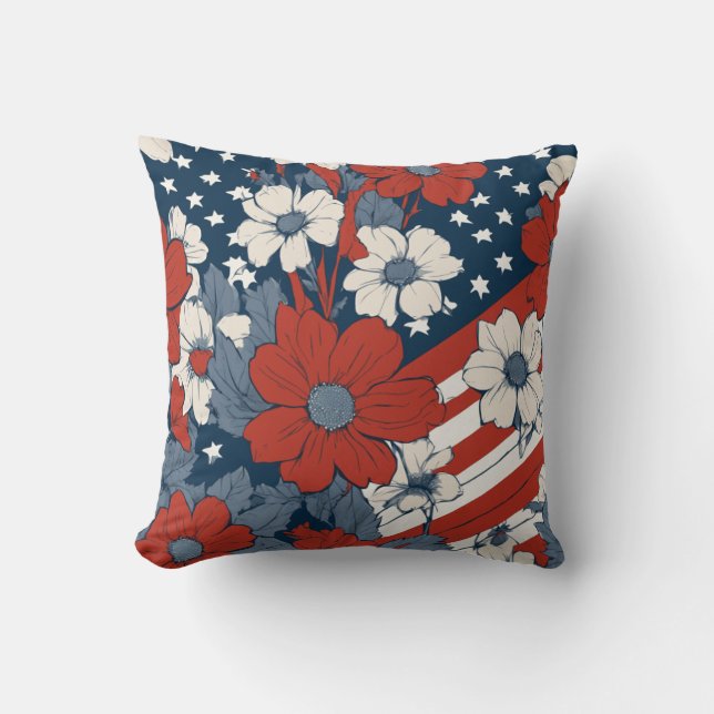 Dämpad Pastell Amerikansk Flagga och Blommor Kudde (Framsida)