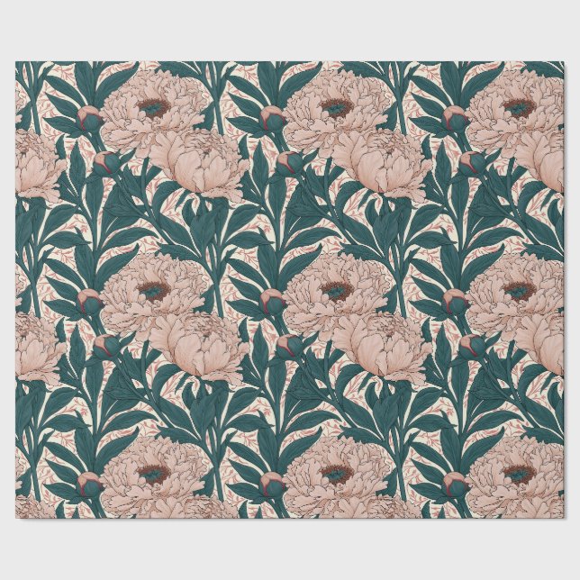 Dämpad rosa och grön peonismönster presentpapper (Seam)