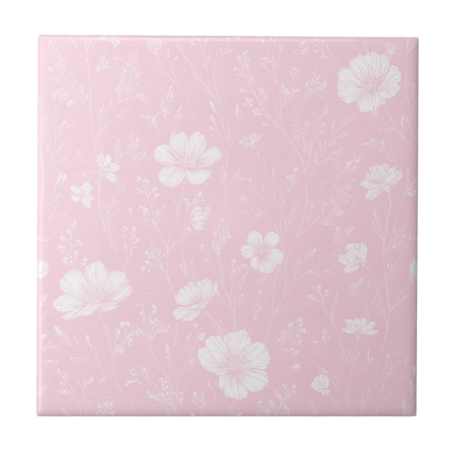 Dämpad rosa och vit vildblommamönster kakelplatta (Framsidan)