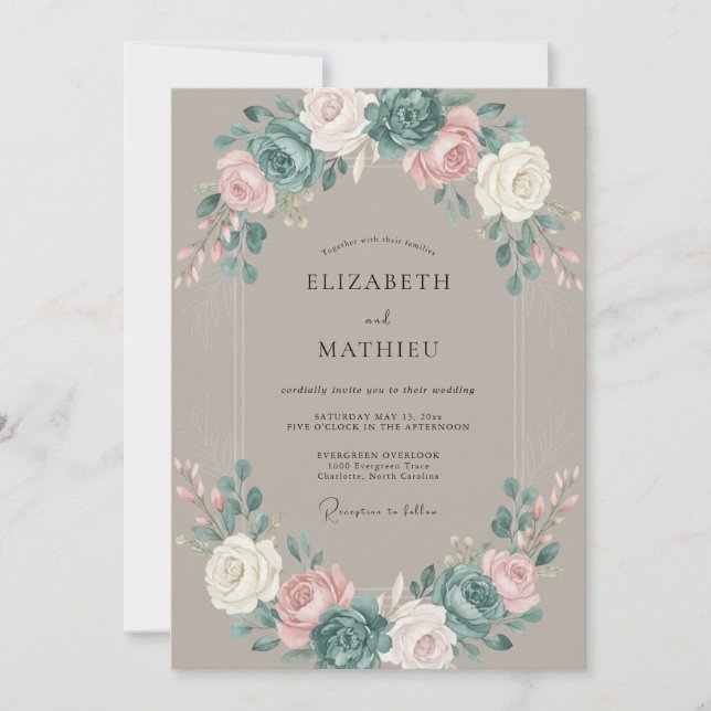Dämpad Taupe-Peony-Hochzeit Inbjudningar (Framsida)