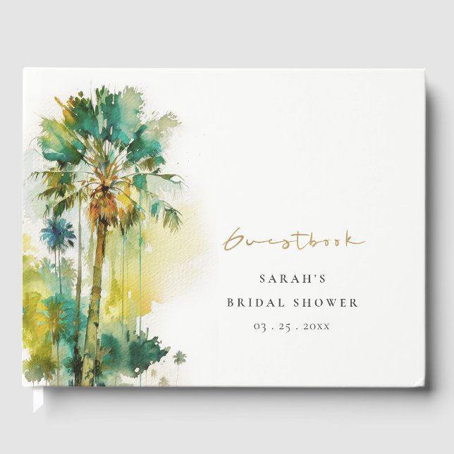 Dämpad Tropisk Akvarell Palmträd Bröllopsdusch Gästböcker (Framsida)