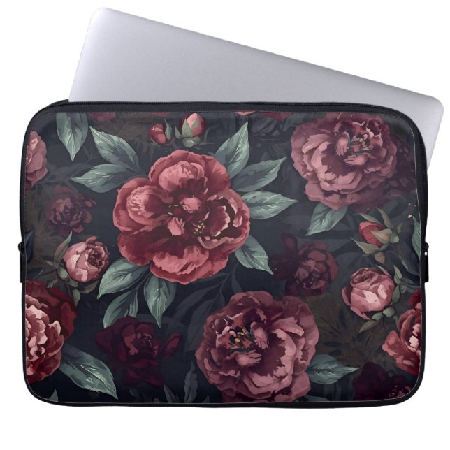 Dämpade blommor Vattenfärg Mörkröd Mönster Laptop Fodral (Framsidan)