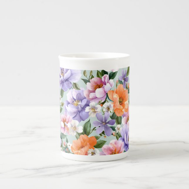 Dämpade färgglada blommor Boho blomma  Benporslin Mugg (Framsidan)