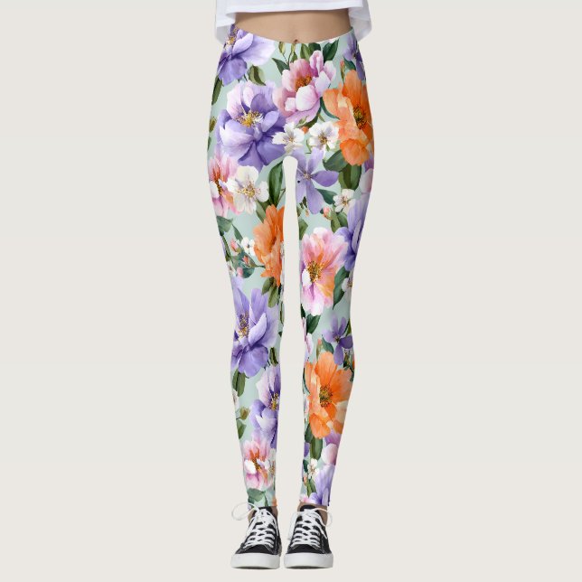 Dämpade färgglada blommor Boho blomma  Leggings (Framsida)