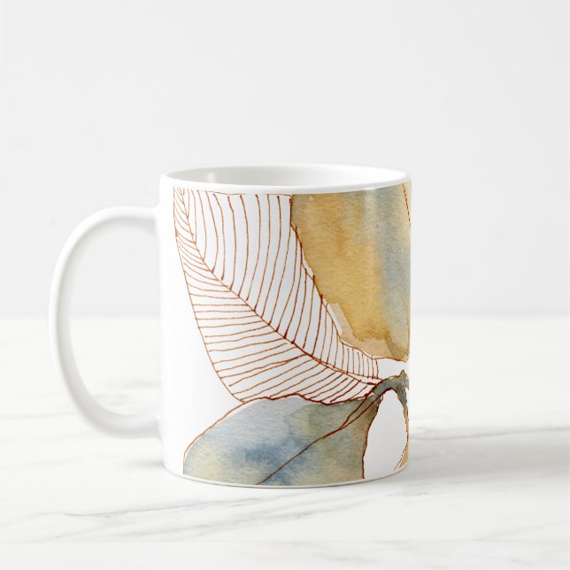 Dämpade gyllene blå akvarellbotaniska blad kaffemugg (Vänster)