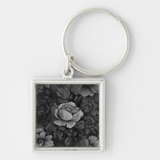 Dämpade toner av grått blomster fyrkantig silverfärgad nyckelring (Framsidan)