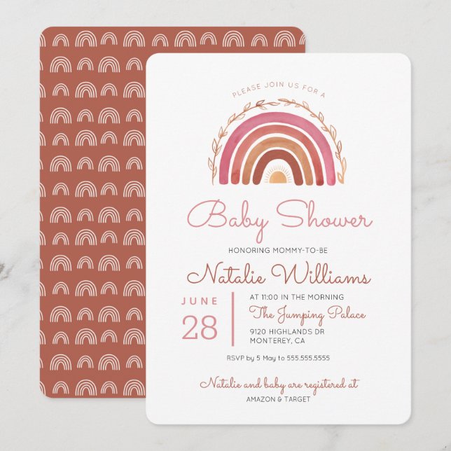 Dämpade toner Boho regnbåge Baby Shower inbjudan (Fram/baksida)