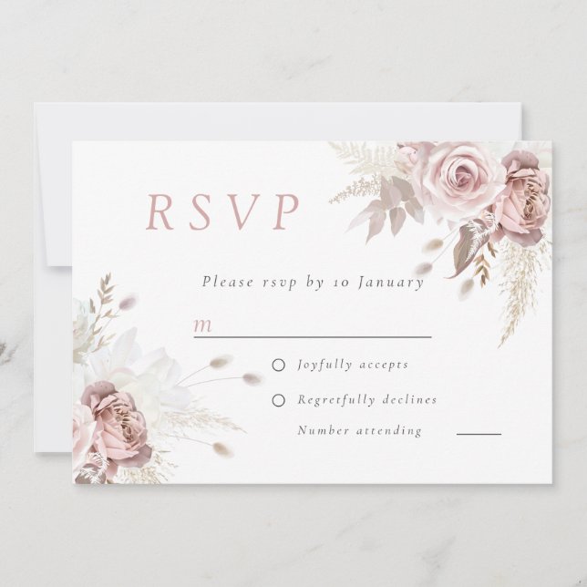 Damros Rosa Rodnad Blommig Digitalt RSVP för Bröll Inbjudningar (Framsida)