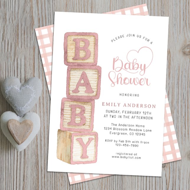 Damrosa babyblock Förlossningsfest Gammelengelsk p Inbjudningar (Baby Shower Invite)