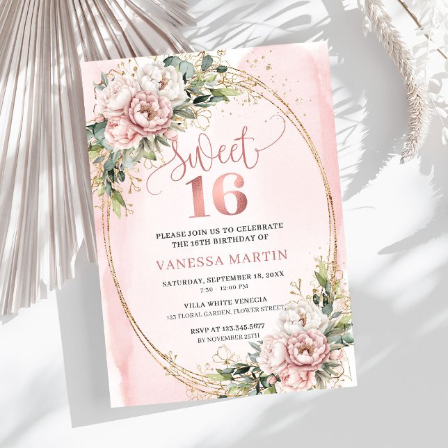 Damrosa blommor Eukalyptus Sweet 16 Inbjudan (Dusty Pink Flowers Eucalyptus Sweet 16 Invitation)