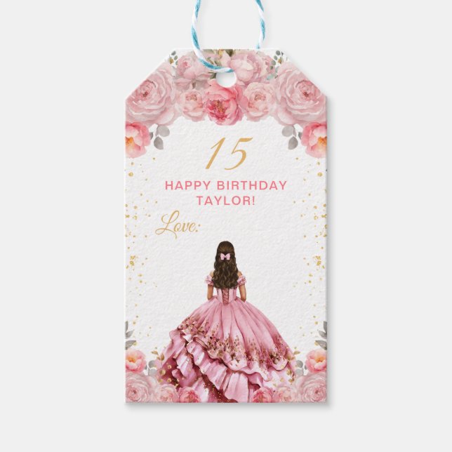 Damrosa prinsessa Quinceañera Grattis på födelseda Presentetikett (Framsidan)