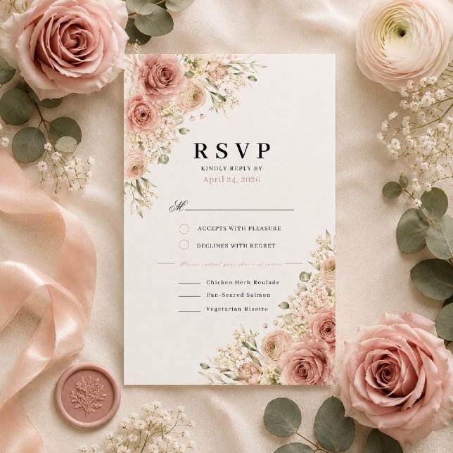 Damrosbröllop-Svarskort OSA Kort (Elegant flat lay showcasing our Dusty Rose Romance RSVP card on premium ivory cardstock.)