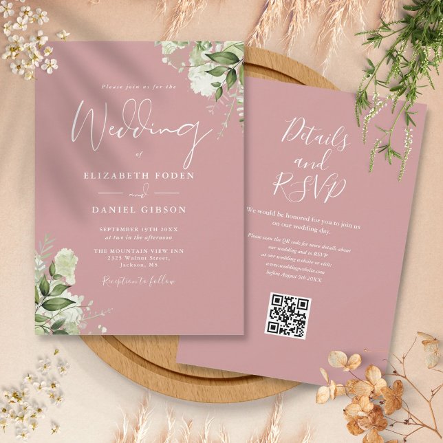 Damrosbröllopsblomma QR-kod Bröllop Inbjudningar (Dusty Rose Greenery Floral QR Code Wedding Invitation)