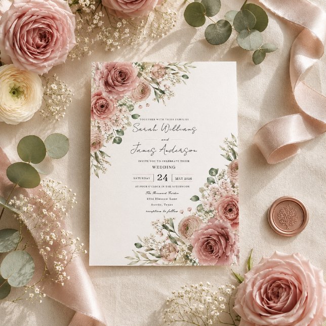 Damrosbröllopsinbjudan Inbjudningar (Luxury flat lay featuring our Dusty Rose Romance wedding invitation on premium ivory cardstock.)