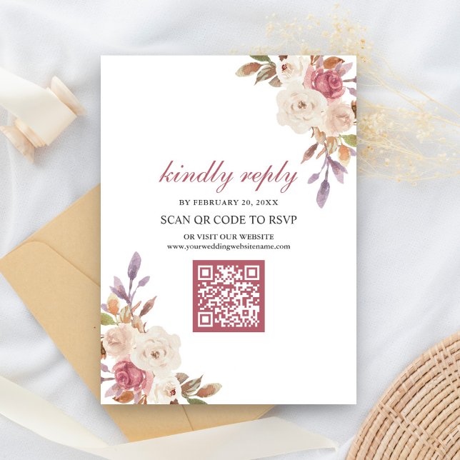 Damrosrosa Blommig QR-kod RSVP Bröllop Tilläggskort (Skapare uppladdad)